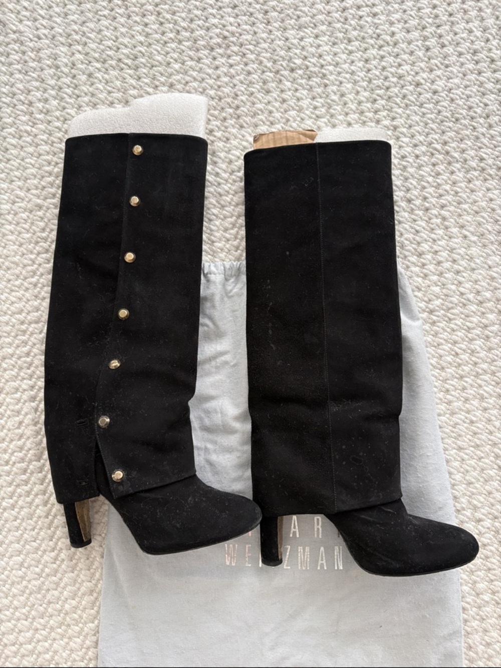 Stuart Weitzman Black Suede Knee-High Boots with Button Detail 8